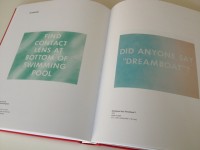 Ed Ruscha spread, Find Contact Lens at Bottom of Swimming Pool & Did Anyone Say Dreamboat?, both 1975. Copyright Ed Ruscha