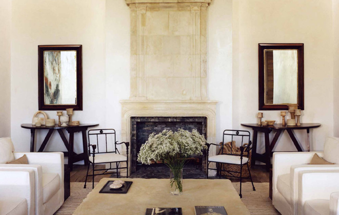 Rancho Santa Fe, California. Living Room: Louis XIV fireplace flanked by 18th century Italian walnut consoles- photo by François Halard