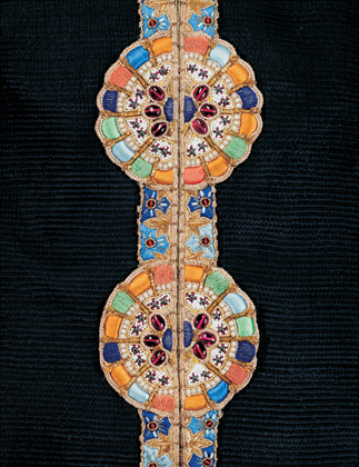Colorful Roundels of Embroidery on Quilted Black Silk. courtesy of Lolly Koon