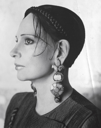 McFadden Modeling Turqoise Tibetan Earrings. courtesy of Mary McFadden