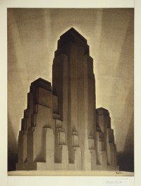 Drawing by Hugh Ferriss, Stage 1 of series of drawings Study for Maximum Mass (1922)