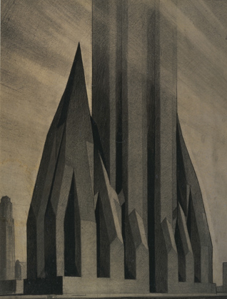 Drawing by Hugh Ferriss, Stage 3 of series of drawings Study for Maximum Mass (1922)