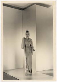 Valentina posing for a Vogue editorial shot by Horst, wearing a bias-cut, wrap-and-tie jersey evening dress, March 1941. Photo by Horst. Private Collection, New York.