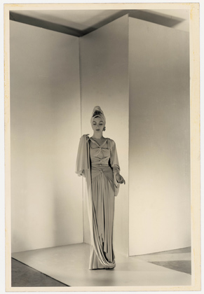 Valentina posing for a Vogue editorial shot by Horst, wearing a bias-cut, wrap-and-tie jersey evening dress, March 1941. Photo by Horst. Private Collection, New York.
