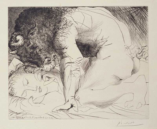 Minotaur Caressing the Hand of a Sleeping Girl with his Face (June 18, 1933; printed 1939)