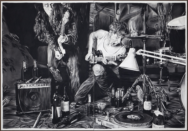 ‘Me and Conrad M. during one of our silent rehearsals with Xx Xxxxxx, our band in the becoming, surrounded by trash and bottles of a fictive whisky blend I have secretly created in the office, a huge mirror in front of us, in which we can’t stop glancing as we try to get our band’s attitude straight, and in which we both discover that we are playing out very different fantasies of rock ‘n roll life, which afterwards leads to heavy discussions over which image we have to project, fights that already cast a dark shadow over the band’s future before we have even played one single note.’ (2012)  Courtesy Galerie Zink