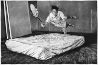 Self-portrait as a tennis hero, an image that — as my coach would acknowledge — wouldn’t be far from the truth if I would have begun playing earlier in my life. Sadly, I did not, for reasons not quite clear to me; because no-one really pushed me, because the ironic time and place I grew up in were unfriendly to my ambitions, because I was too sensitive and intelligent to lose my mind in the game, because I was always too busy imagining what I could become to actually become something else than a man who has turned his fantasies into who he really, and professionally, is. Whatever happened, my boyish wishes still linger on in my not so private fantasies, and as far as I know they still offer me a sensible, adult way to become whatever I want, in my studio, for example, using the props available, such as the dirty mattress I never sleep on. (2012) Courtesy Tim Van Laere Gallery