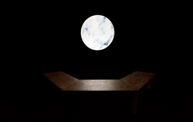 A Ray Array -Video Installation View, (2012). Video and custom seating from the exhibition Sarah Rara and Mauricio Ancalmo "Not a Particle or a Place but an Action" at James Cohan Gallery