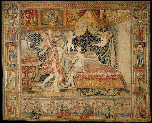 Aglauros’s Vision of the Bridal Chamber of Herse, from the Story of Mercury and Herse, design by Giovanni Battista Lodi da Cremona after a print by Giovanni Jacopo Caraglio; border by Giovanni Francesco Penni; textile workshop of Willem de Pannemaker, in Brussels (designed ca. 1540; woven ca. 1570)