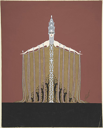 "La Domination" Beaded Costume Design with silver Headdress and Gold Curtain Draped for Arms in "L'Or", Ziegfield Follies (1923)