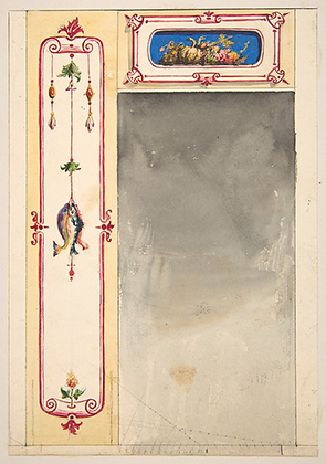 Design for panels framing a mirror decorated with scrolls and clusters of fish and vegetables (1830-97)