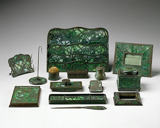 Desk Set - including inkwell, letter opener, paper rack, pen tray, blotter, bill holder, stamp box, blotter holders, paper hold (ca. 1910-20)