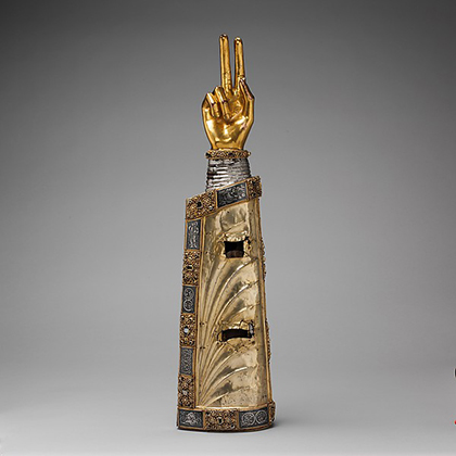 Arm Reliquary, Made in Meuse Valley, South Netherlands, Silver, gilded silver, niello, gems, with wooden core (ca. 1230)