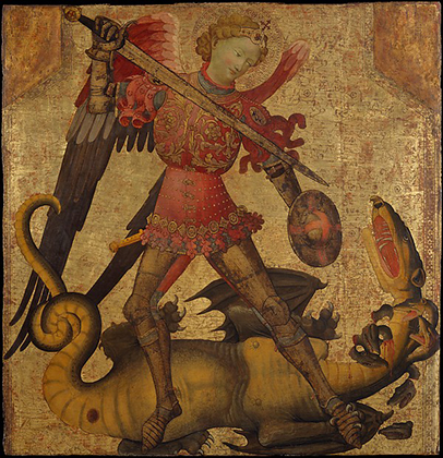 Saint Michael and the Dragon, Spanish (Valencian) Painter active in Italy early 15th century, Tempera on wood, gold ground (ca. 1405)