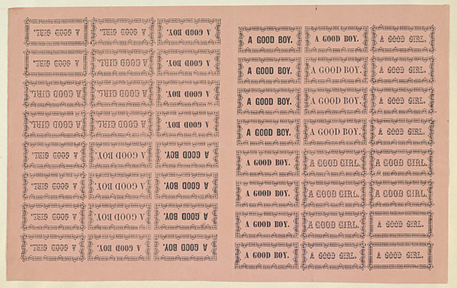 Sheet of Reward of Merit cards, American (19th century)